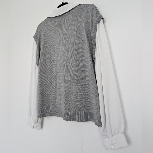 Adrianna Papell Mixed Media Chiffon And Knit Academia V-Neck Sweater Top Sz L - Picture 12 of 14